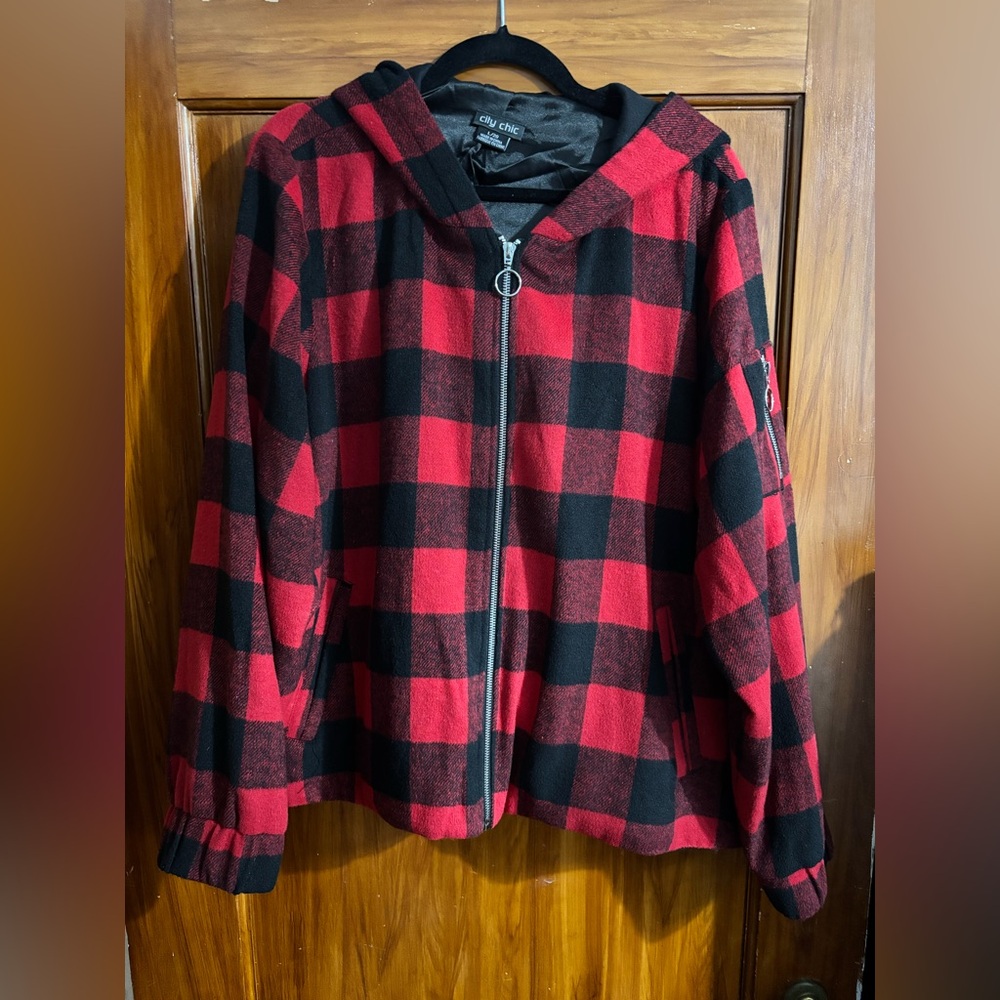 Hooded Red and Black Plaid Bomber Style  Jacket - women’s size L/20